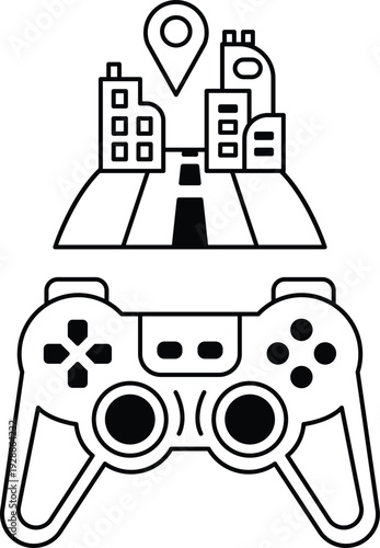 A video game controller with a city in the background