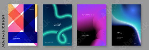 Collection of four trendy posters featuring colorful geometric tiles fluid green waves purple spheres and blue smoke gradients