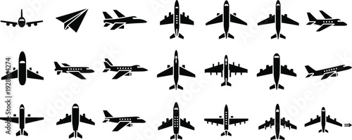 Aircraft silhouette collection, commercial airplanes, fighter jets, cargo planes, paper airplane icon, aviation vector illustration, flight design graphics