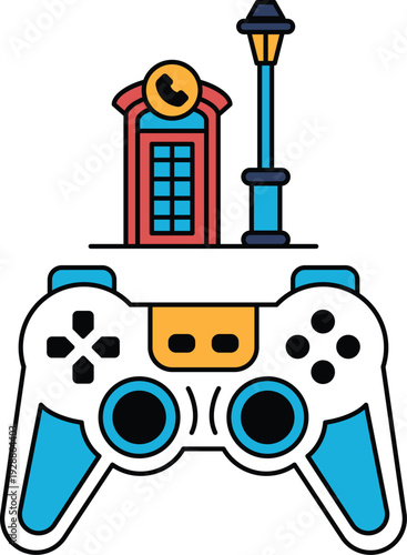 A black and white image of a video game controller with a telephone booth