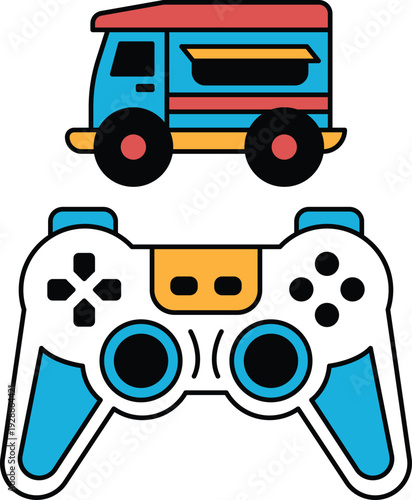 A black and white image of a toy truck and a video game controller