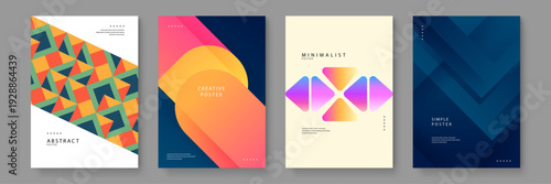 Collection of four abstract minimalist posters featuring colorful geometric shapes triangles circles and sharp lines for modern corporate branding or event promotion