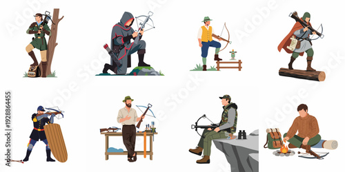 Diverse characters showcasing archery and crossbow usage across historical, fantasy, hunting, and outdoor adventure settings, including training, preparation, and survival scenarios.