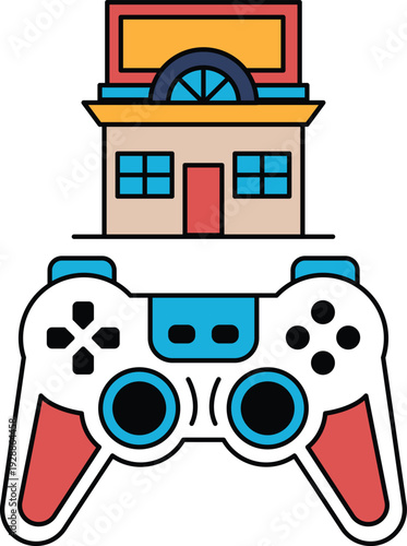 A video game controller is on top of a house and a building