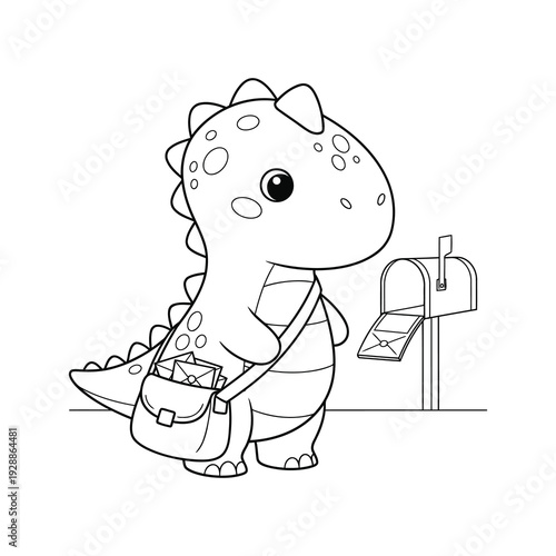 Cute Dinosaur Postman Delivering Letters Coloring Page for Kids