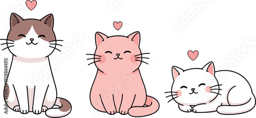 Cute cartoon cats with hearts vector illustration set featuring sitting and sleeping kittens in adorable kawaii style