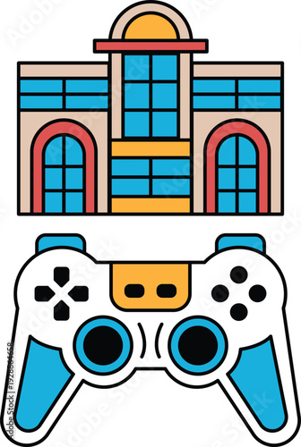 A black and white drawing of a video game controller and a building
