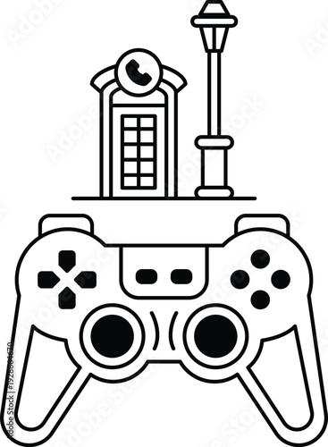 A black and white image of a video game controller with a telephone booth