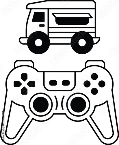 A black and white image of a toy truck and a video game controller