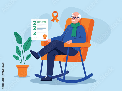 Smiling elderly man sitting in rocking chair holding certificate and wearing green scarf and blue sweater with orange chair plant beside him