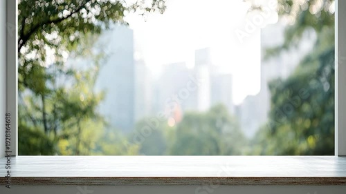 Empty white table top with a window view of a blurry city park