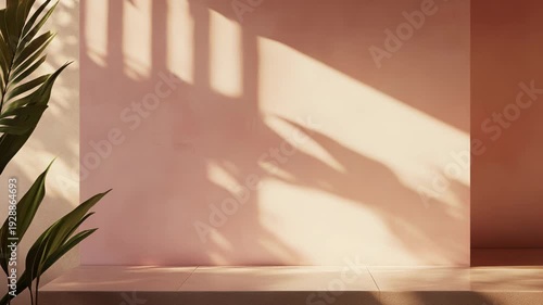 Minimalist podium and pink wall bathed in sunlight and tropical leaf shadows, creating a serene and aesthetic backdrop for product display and branding