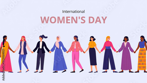 International Women’s Day Vector Illustration with Diverse Women Holding Hands