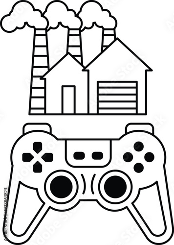 A black and white drawing of a video game controller with a factory