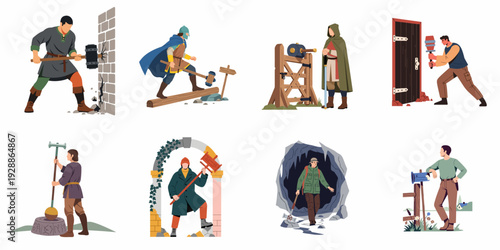 Diverse individuals performing tasks like demolition, exploration, and construction with various tools in historical or fantasy settings.