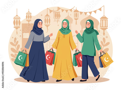 Three smiling Muslim women in colorful traditional clothing walking and holding shopping bags with crescent moon and star designs on a festive background with lanterns and flags