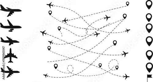 Airplane puzzle icons, flight path graphics, aviation challenge illustration, travel destination markers, airport departure arrival vector, navigation design elements