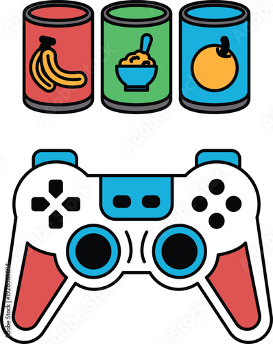 A black and white image of a video game controller with a banana, a can of soup