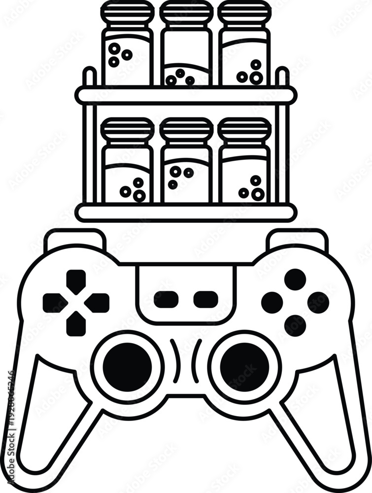 Obraz premium A black and white image of a video game controller with a shelf of jars on top o