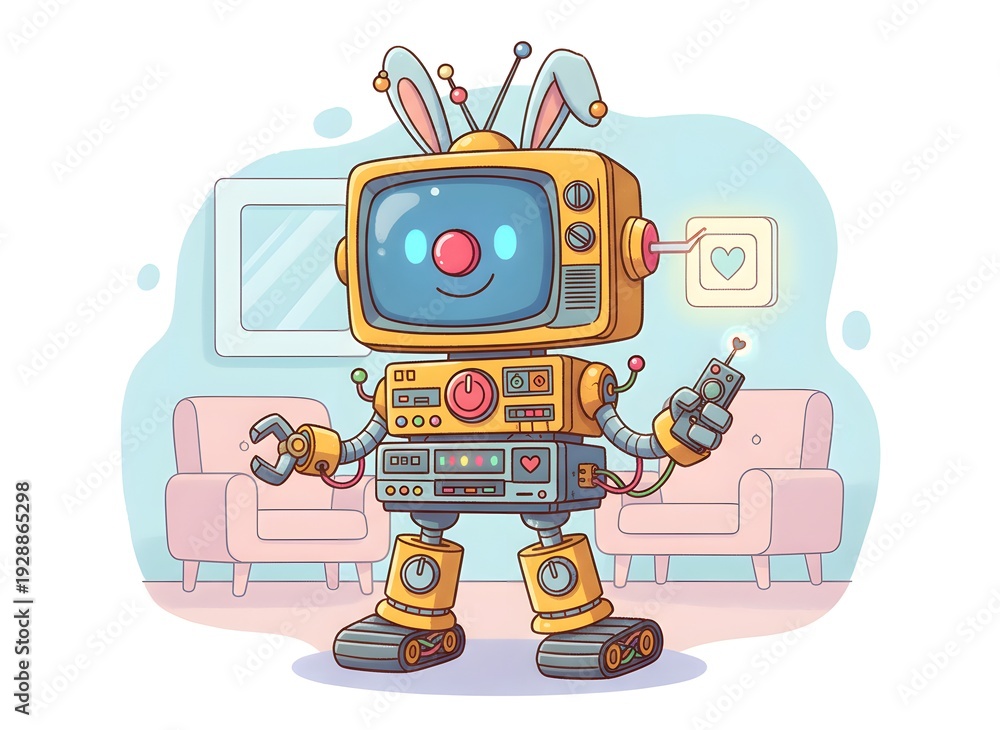 Naklejka premium Cartoon TV Robot with Bunny Ears