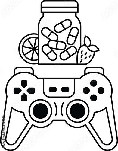 A black and white drawing of a video game controller with a bottle of pills
