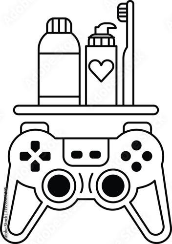 A black and white drawing of a video game controller with a bottle of mouthwash