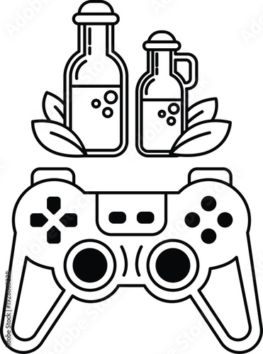 A black and white image of a video game controller with two bottles of liquid on