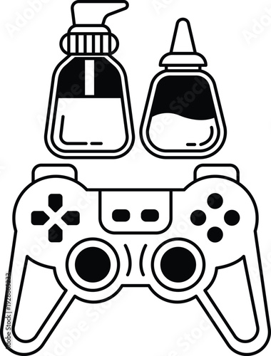 A black and white image of a video game controller with a bottle of lotion