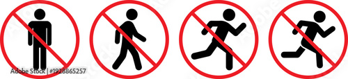 Prohibited walking and running signs with red circles
