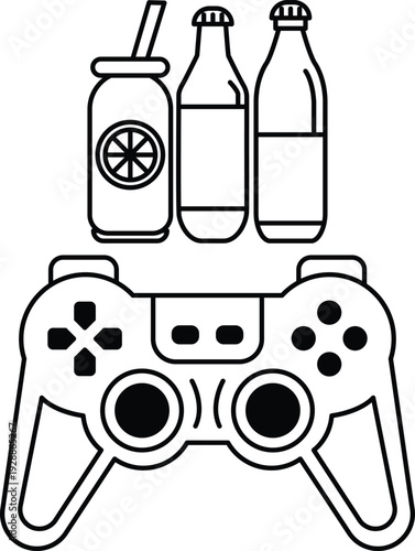 A black and white drawing of a video game controller with a drink