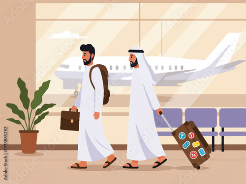 Two arabian men walking in an airport with a plane and chairs in the background  men wearing traditional white robes and sandals