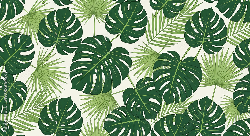 Fototapeta premium Seamless pattern featuring vibrant green tropical Monstera and palm leaves a botanical vector illustration for summer backgrounds and exotic design