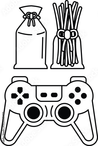 A black and white drawing of a video game controller with a bag of candy