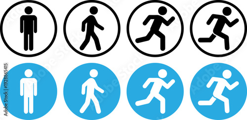 Set of modern human walk and run icons in black and blue