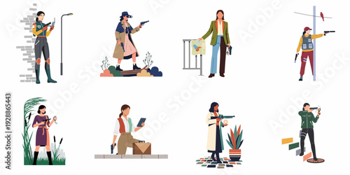 A collection of diverse female secret agents and detectives in action, equipped with firearms and spy gadgets, highlighting strength, mystery, and investigation.
