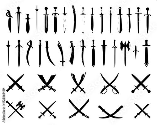 Collection of fantasy axes silhouettes, solid black vector icons, clean shapes, weapon icon set, white background