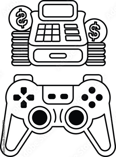 A black and white drawing of a video game controller