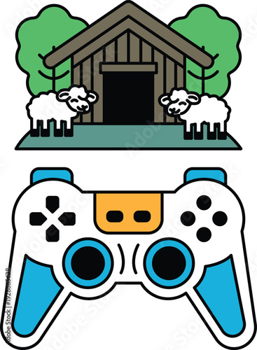 A black and white image of a video game controller and a sheep