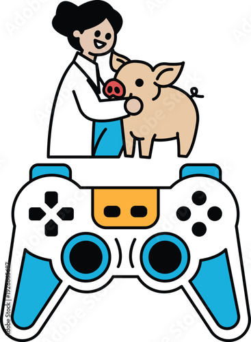 A woman is holding a pig and a video game controller