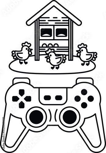 A black and white drawing of a video game controller with a chicken