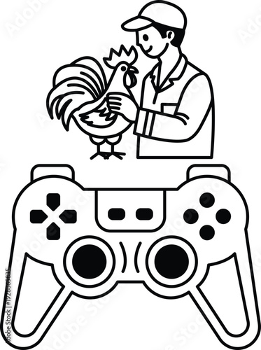 A man holding a chicken in front of a video game controller