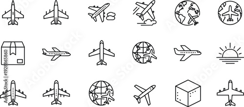 Airplane travel icons collection, aviation logistics graphics, flight symbol artwork, global shipping vector, passenger aircraft design elements set