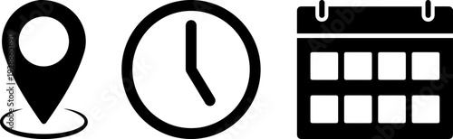 Simple black icons for location, time, and date