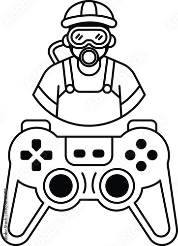 A man in a hard hat and goggles is holding a video game controller