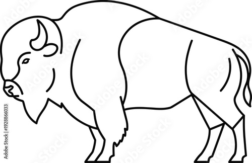 Stylized bison line drawing silhouette, bold angular outline, curved horn, muscular body, abstract wildlife vector illustration, symbolic animal design concept