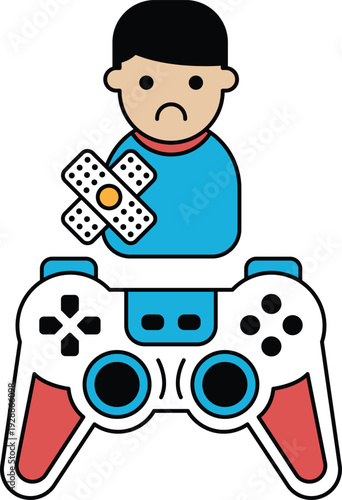 A boy is holding a game controller with a bandaged hand