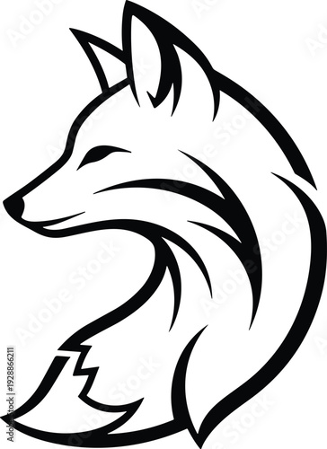 Stylized black and white fox head vector illustration, minimalist animal artwork, abstract logo design, tattoo inspiration, wildlife symbol, decorative graphic concept