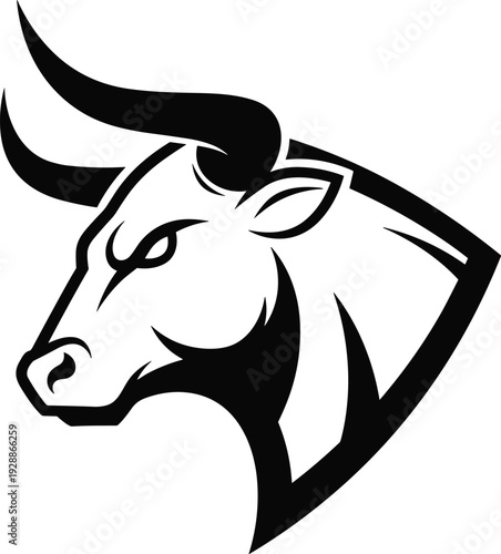 Stylized bull head silhouette, bold angular design, strong horns, intense expression, abstract animal vector illustration, symbolic strength and resilience concept