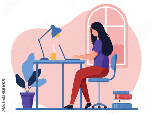Woman sitting at desk working on laptop with lamp plant and books around her