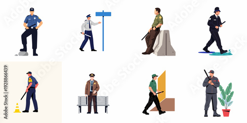 Diverse Police and Security Guard Illustrations: Law Enforcement, Public Safety, and Protection Personnel Vector Set